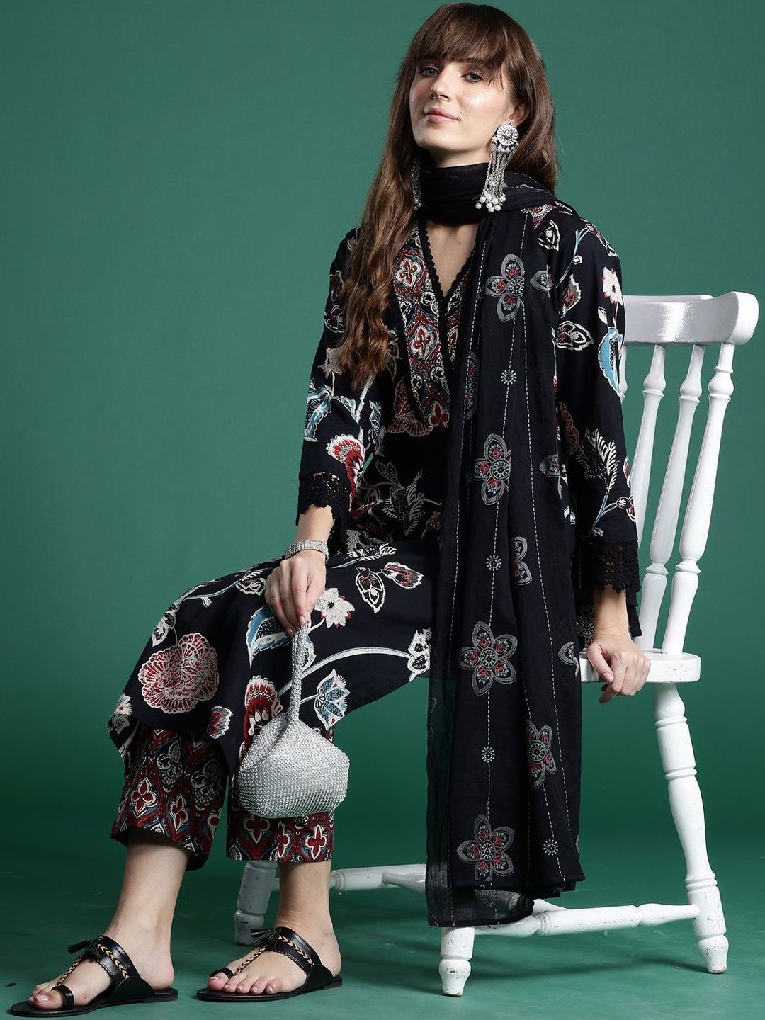 Women Floral Printed Regular Pure Cotton Kurta with Trousers & With Dupatta
