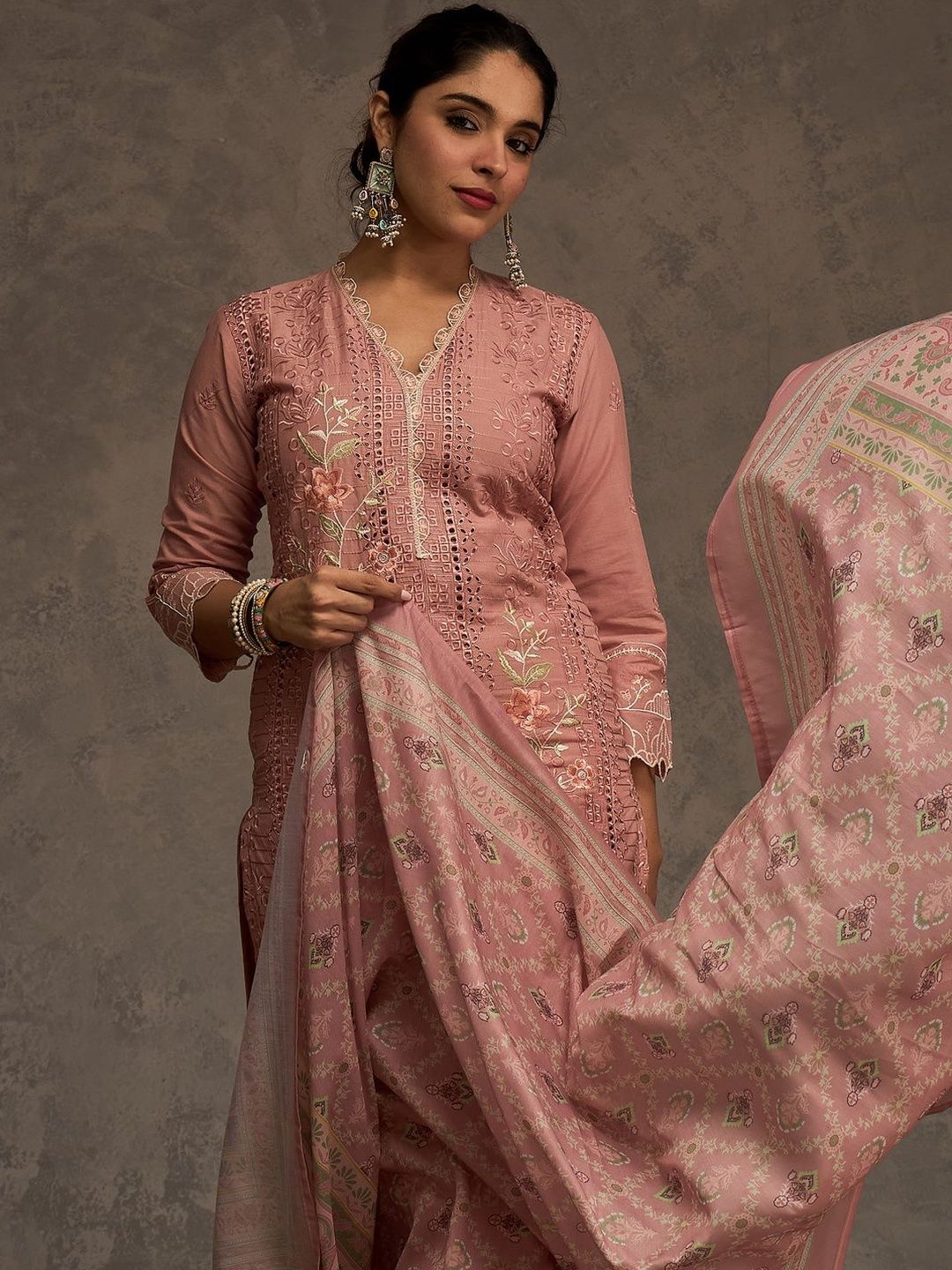 Women Ethnic Motifs Embroidered Cotton Kurta with Trousers & Dupatta