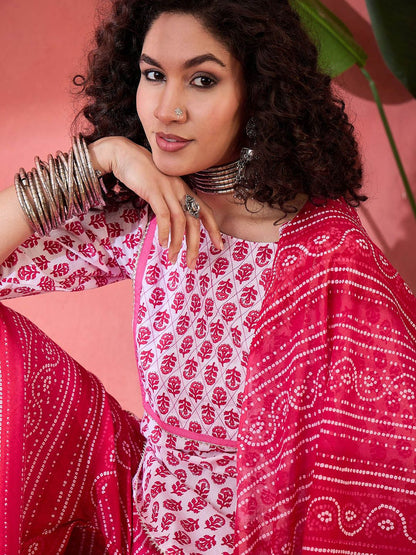 Dhiyona SN Women's Floral Printed Round Neck Pure Cotton Straight Kurti With Sharara & Dupatta