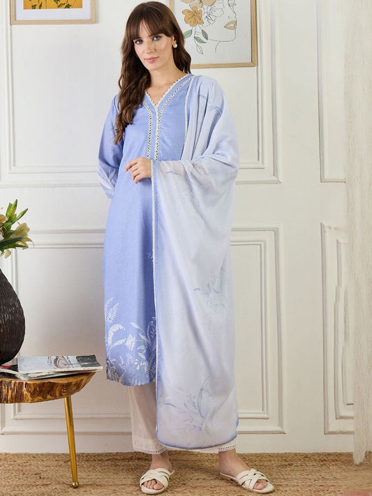Women Floral Printed Lace Detail Linen Straight Kurta with Trousers & Dupatta