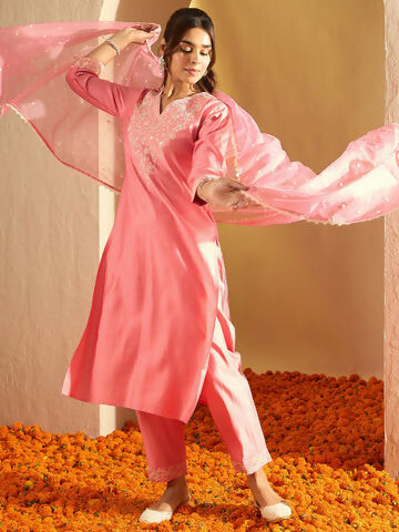 Women's Pink Embroidered Straight Kurta Trousers With Dupatta Set
