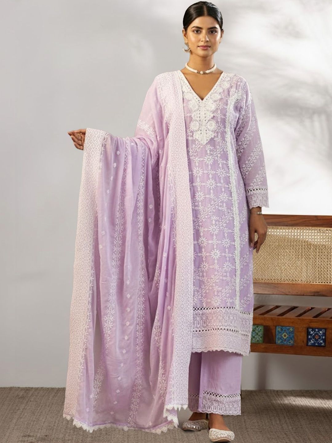 Dhiyona IE Women Ethnic Motifs Embroidered Regular Thread Work Pure Cotton Kurta with Trousers & With Dupatta