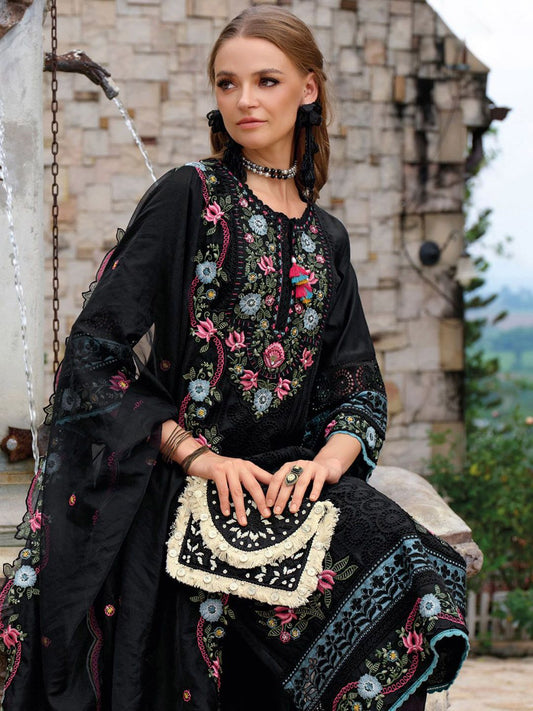 Floral Embroidered Tie-Up Neck Thread Work Straight Kurta With Trousers & Dupatta