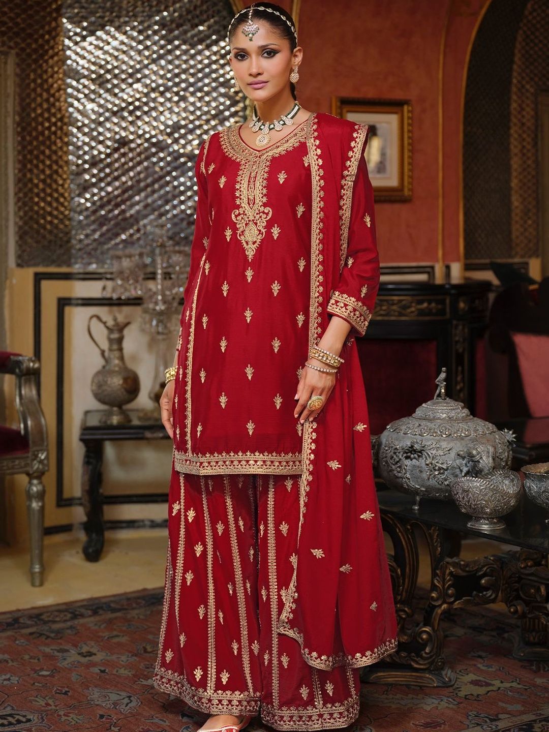 Dhiyona IE Women Ethnic Motifs Embroidered Kurta with Sharara & Dupatta