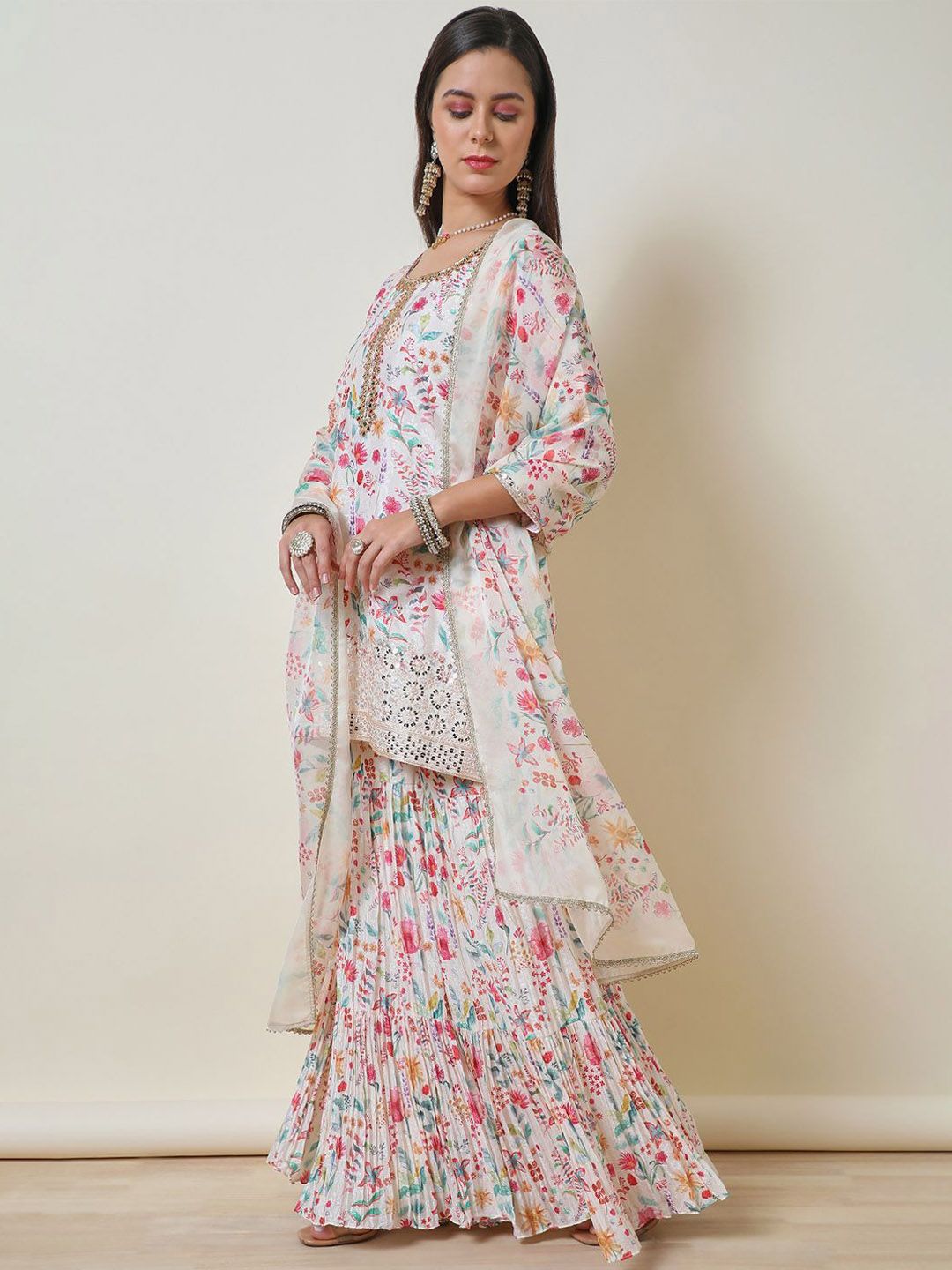 Dhiyona SO Women's Women Ethnic Motifs Printed Regular Mirror Work Kurta with Sharara & With Dupatta