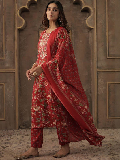 Floral Printed Round Neck Straight Kurta With Trousers & Dupatta