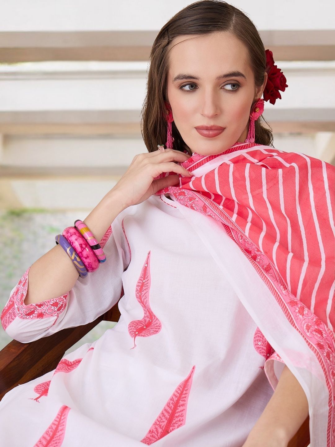 Women Ethnic Motifs Printed Regular Pure Cotton Kurta with Trousers & With Dupatta