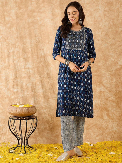 Dhiyona IE Ethnic Motifs Printed Straight Sequinned Kurta with Trousers