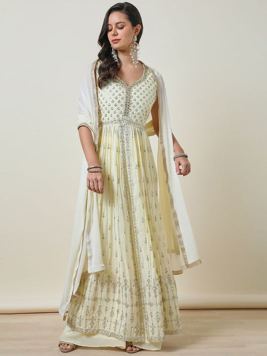 Dhiyona SO Women's Floral Printed Empire Sequinned Anarkali Kurta with Palazzos & Dupatta