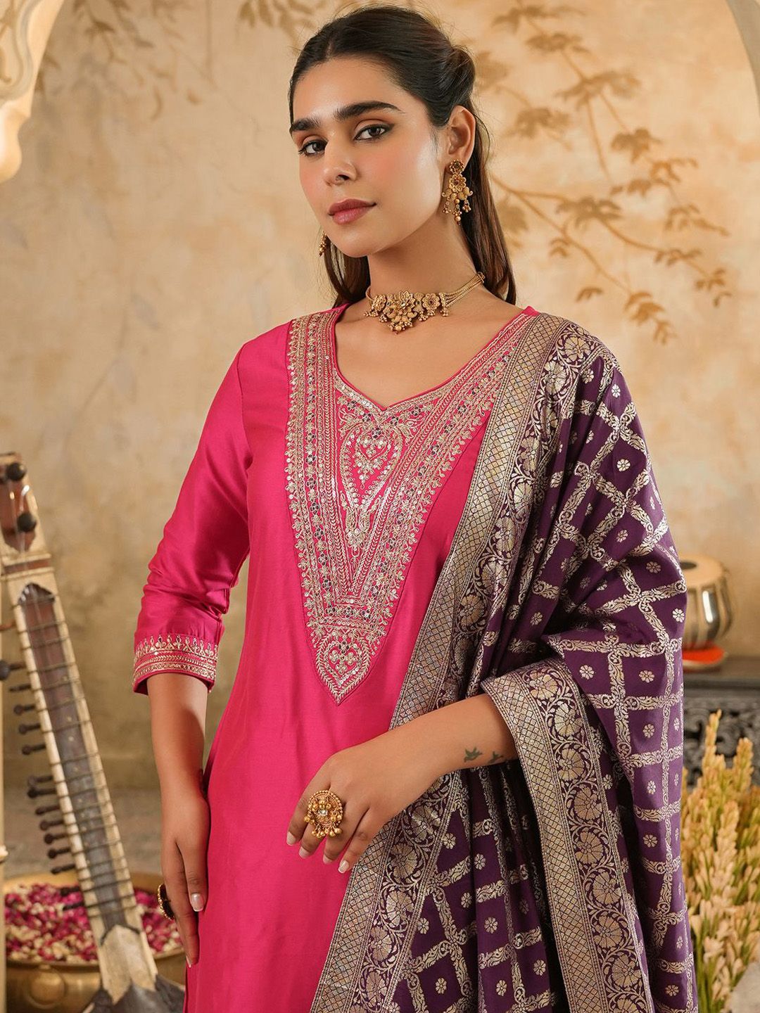 Dhiyona IE Embroidered Sequinned Kurta With Trousers & Dupatta