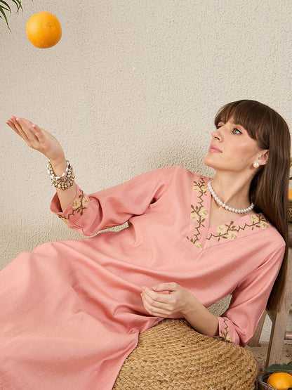 Dhiyona IE Floral Embroidered V-Neck A-Line Tunic With Trousers