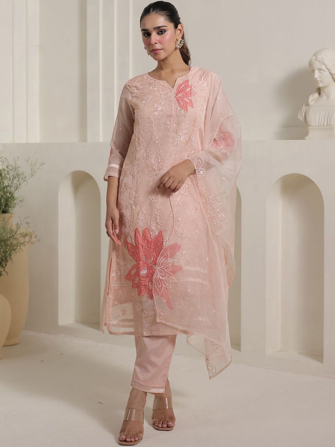 Floral Embroidered Thread Work Kurta With Trouser & Dupatta