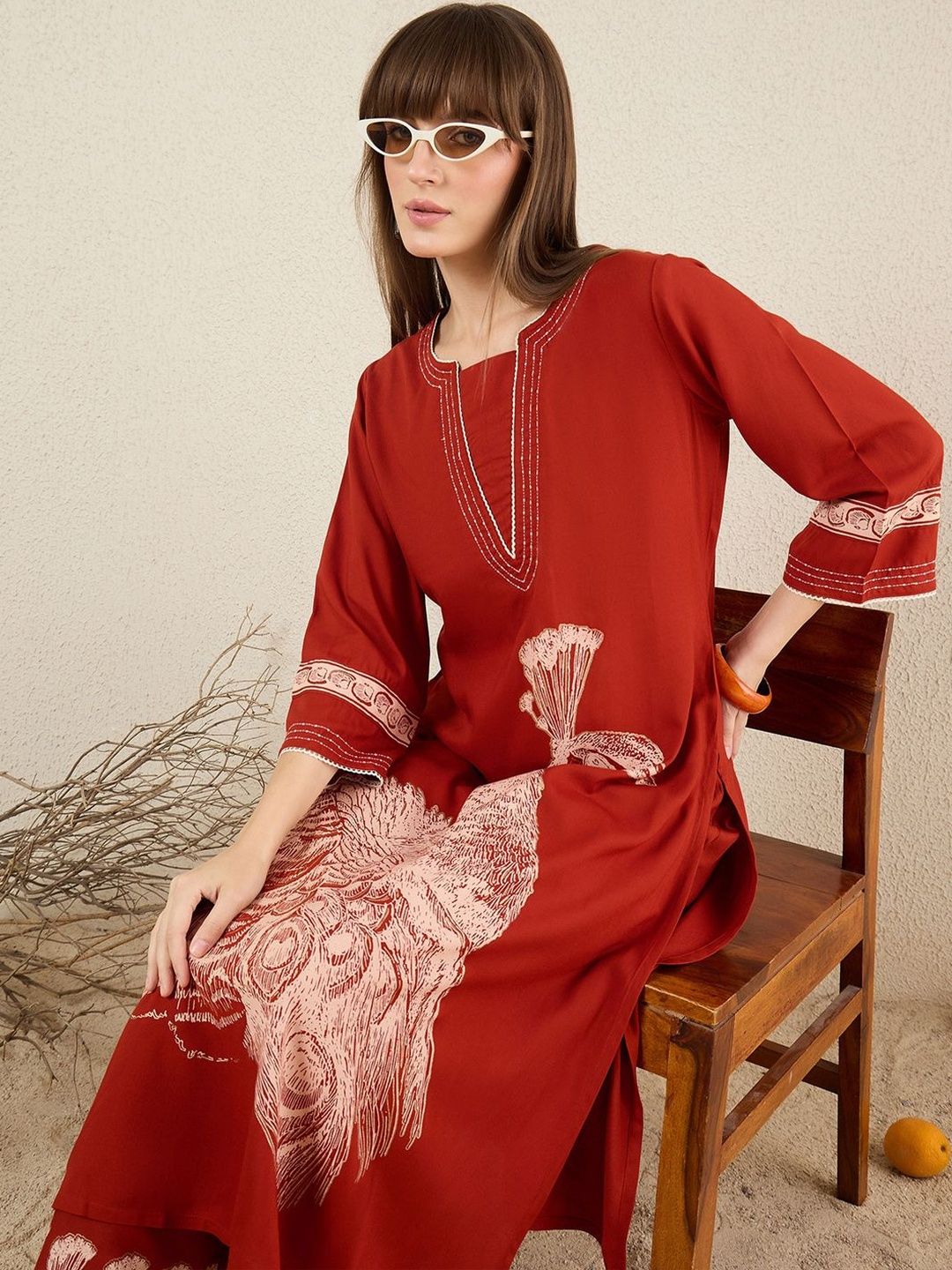 Women Ethnic Motifs Printed Regular Thread Work Kurta with Palazzos