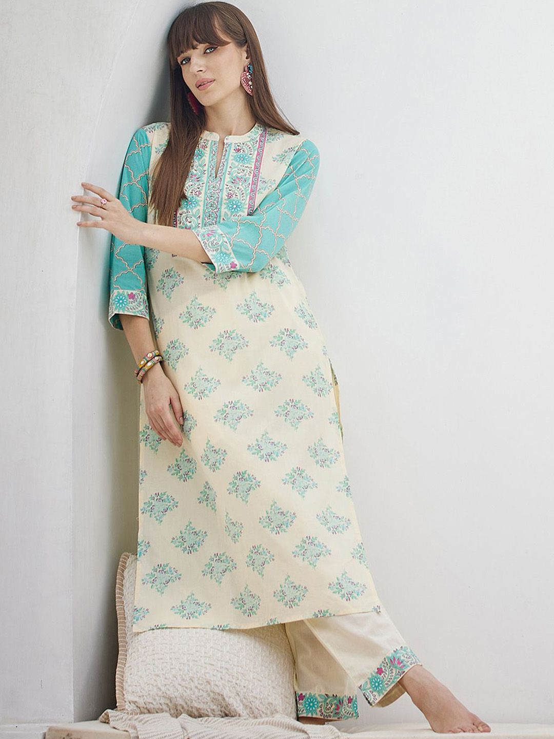 Ethnic Motifs Printed Straight Thread Work Pure Cotton Kurta With Trouser