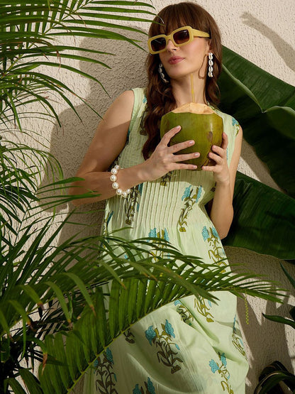 Dhiyona IE Printed Round Neck A-Line Pure Cotton Kurta With Pants