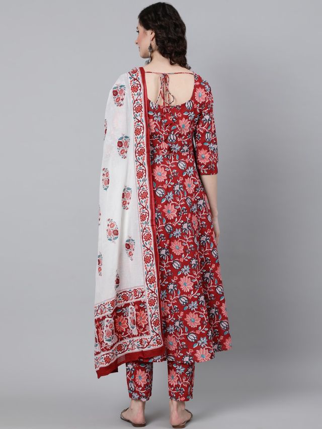 Women Viscose Floral Printed Red Kurta And Pant Set With Dupatta