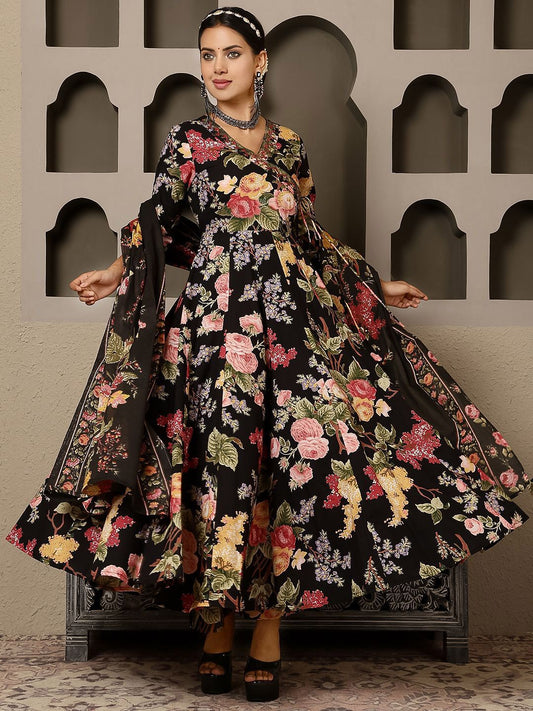 Dhiyona SN Women's Floral Printed Pure Cotton Anarkali Kurta with Palazzo & Dupatta
