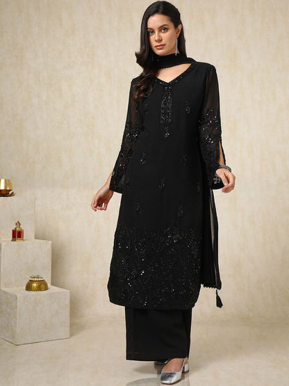 Dhiyona SO Women's Floral Embroidered Beads & Stones Straight Kurta with Palazzos & Dupatta