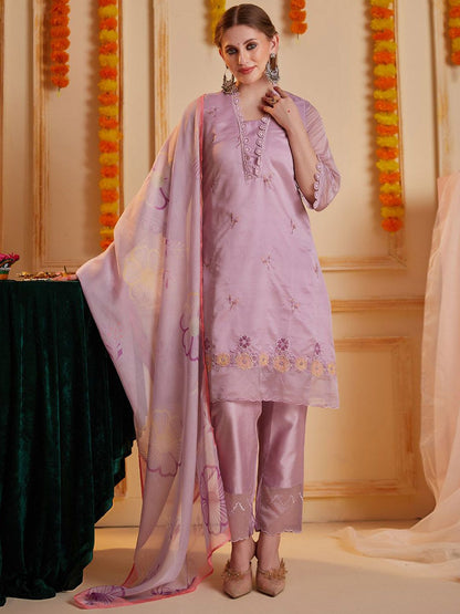 Dhiyona SN Women's Floral Embroidered Notch Neck Thread Work Straight Kurta With Trouser & Dupatta