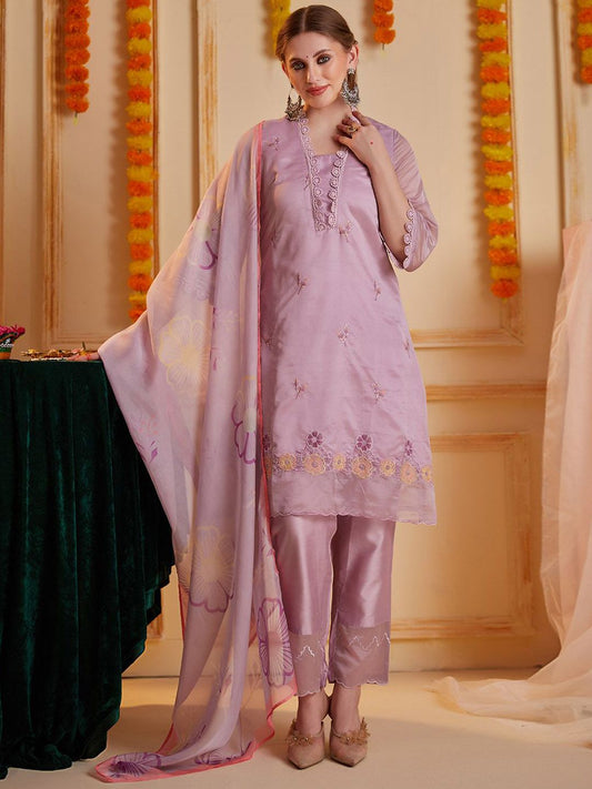 Dhiyona SN Women's Floral Embroidered Notch Neck Thread Work Straight Kurta With Trouser & Dupatta