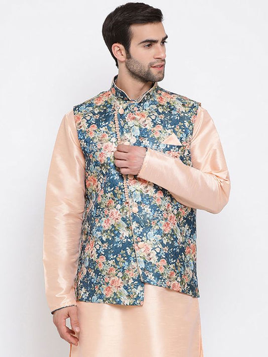Men's Peach Cotton Silk Straight Jacket  Kurta and Pyjama Set