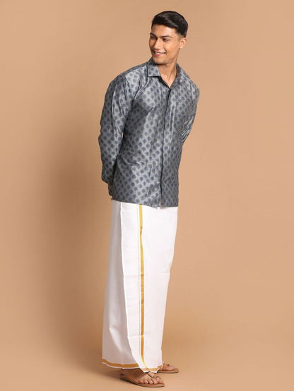 Men's Grey Viscose Blend Straight Ethnic Shirt