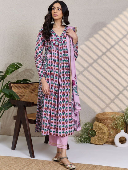 Women Floral Printed Empire Pure Cotton Kurta with Trousers & With Dupatta