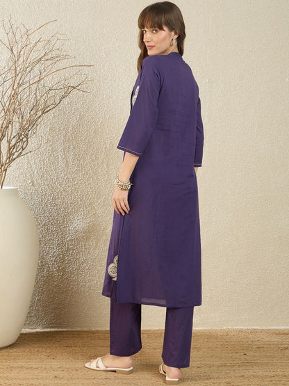 Women Ethnic Motifs Embroidered Pleated Thread Work Pure Cotton Kurta with Trousers