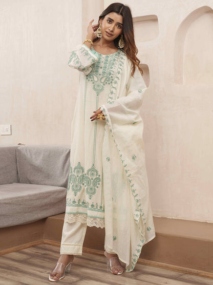 Dhiyona PD Women Floral Embroidered Pure Cotton Kurta & Trousers With Dupatta