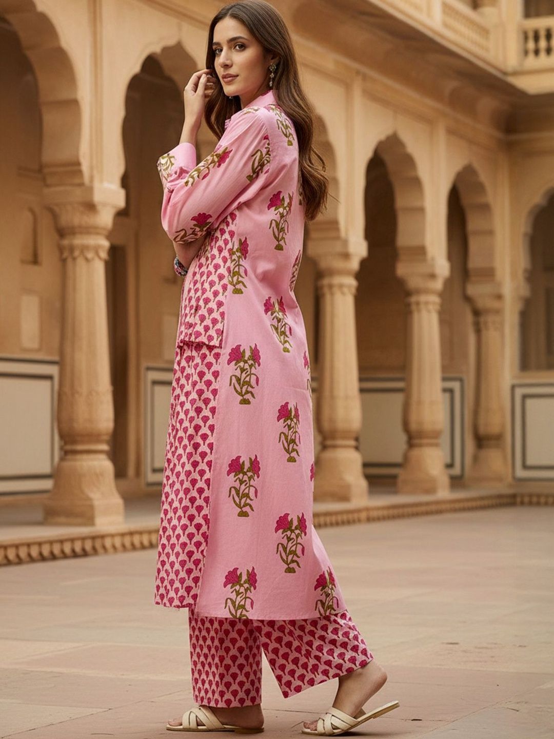 Floral Printed Shirt Collar Pure Cotton Straight Kurta With Trousers