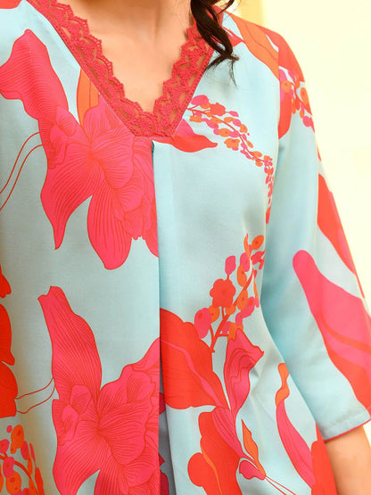 Dhiyona SN Women's Blue Orange Poly rayon digital printed kurta and palazzo set