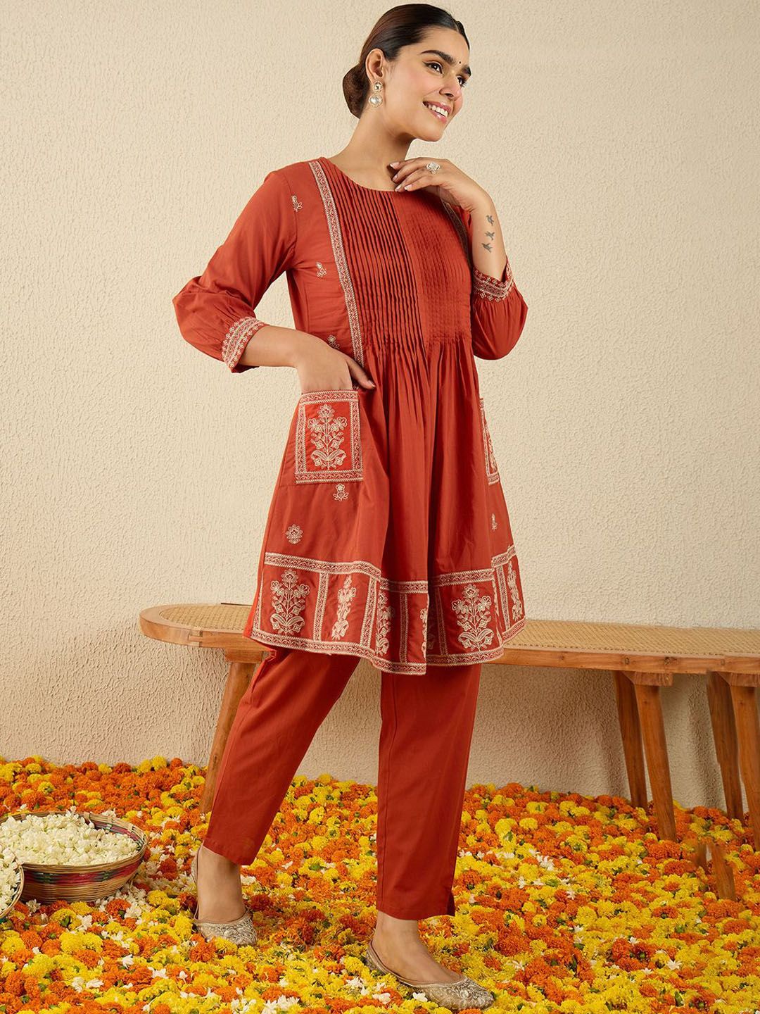 Floral Embroidered Thread Work Pure Cotton Kurta With Trousers