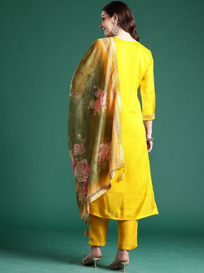 Woven Design Round Neck Straight Kurta With Trouser & Dupatta