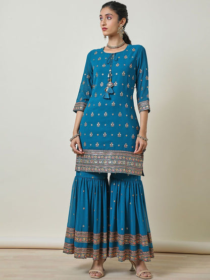 Dhiyona SO Women's Women Ethnic Motifs Embroidered Regular Thread Work Kurta with Sharara & With Dupatta