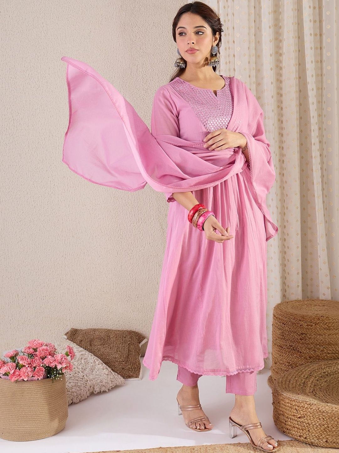 Women Embroidered Pleated Mirror Work Pure Cotton Kurta with Churidar & With Dupatta