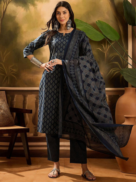 Dhiyona SN Women's Floral Printed Pure Cotton Straight Kurta With Trousers & Dupatta
