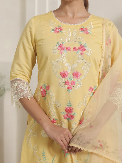 Floral Embroidered Thread Work Straight Kurta & Trousers With Dupatta