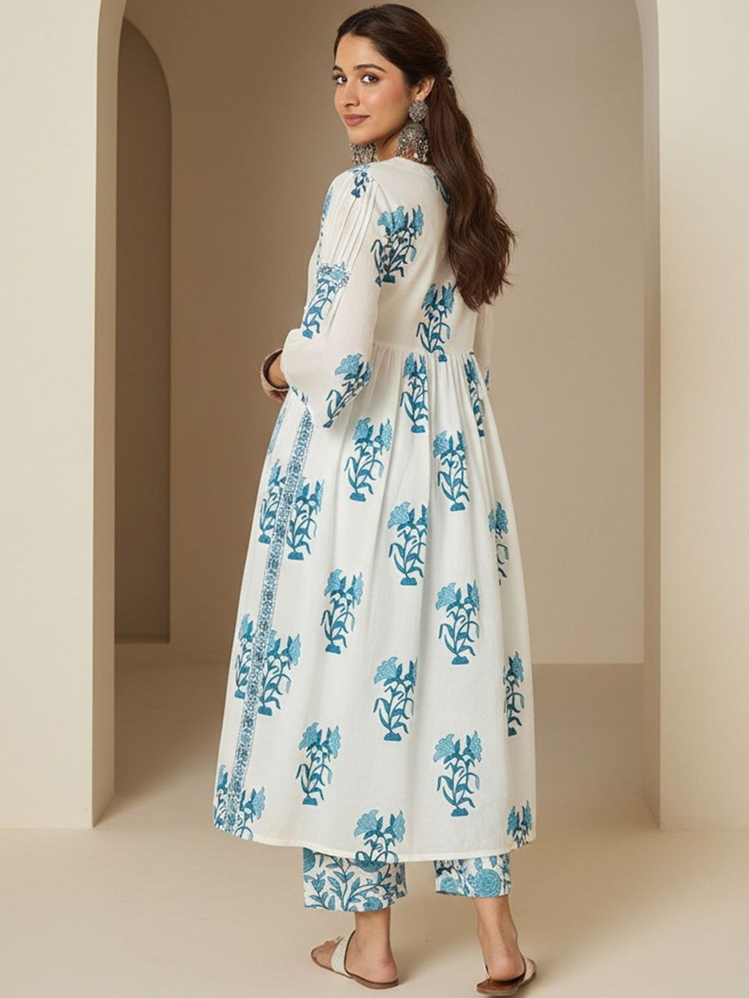 Floral Printed Empire V-Neck Pure Cotton A-Line Kurta with Trousers