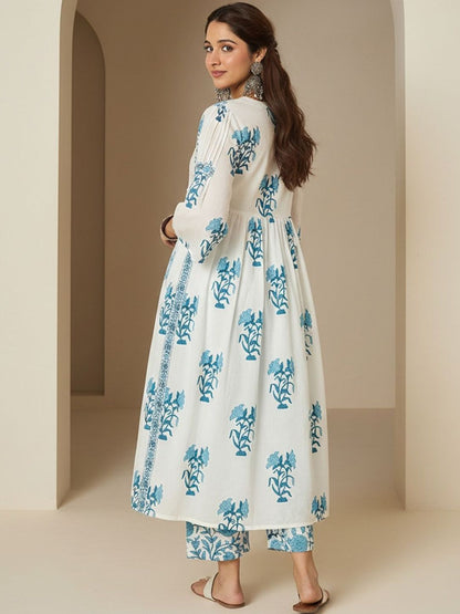 Floral Printed Empire V-Neck Pure Cotton A-Line Kurta with Trousers