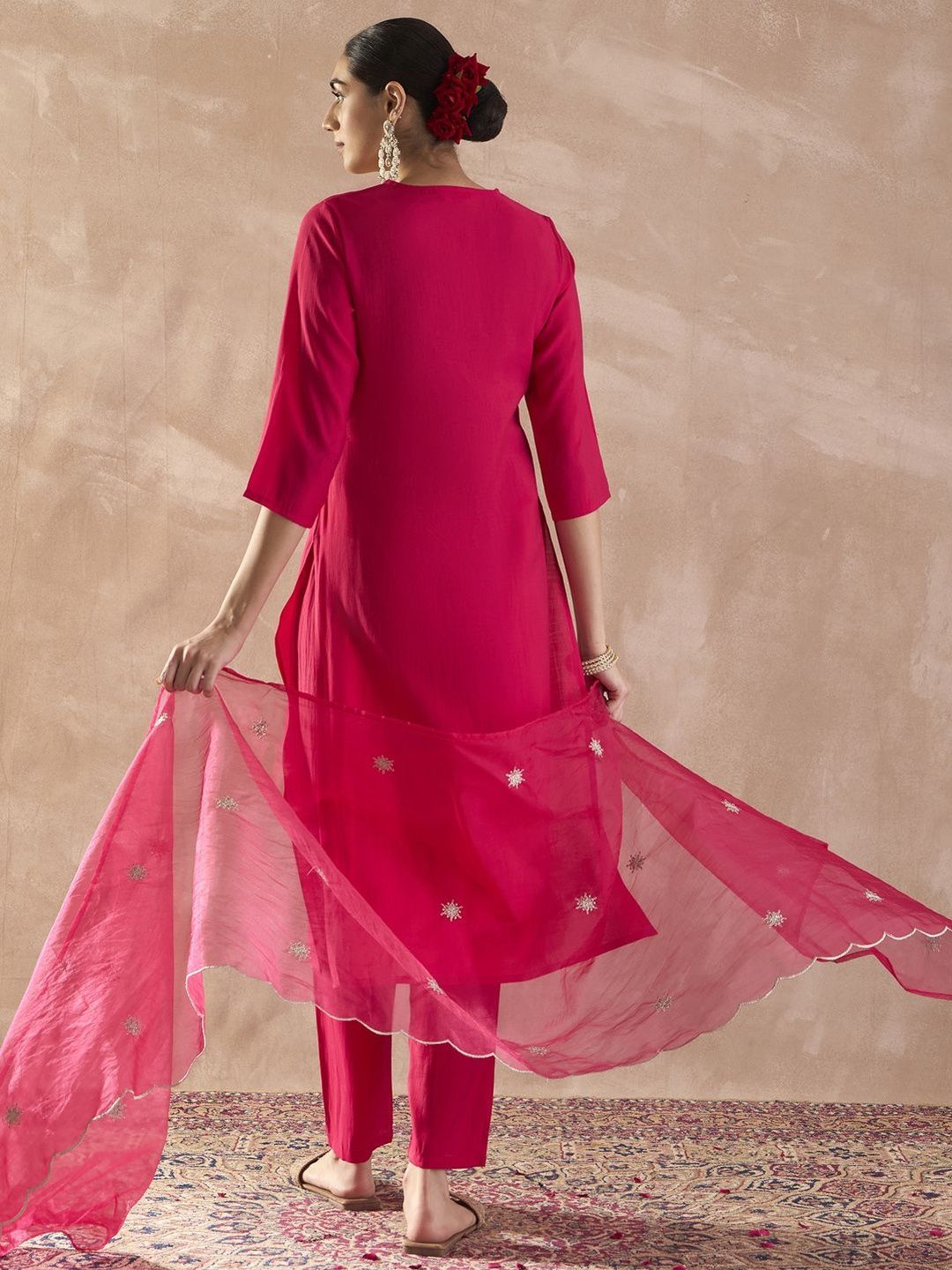 Ethnic Motifs Embroidered V-Neck Thread Work Kurta With Trousers & Dupatta