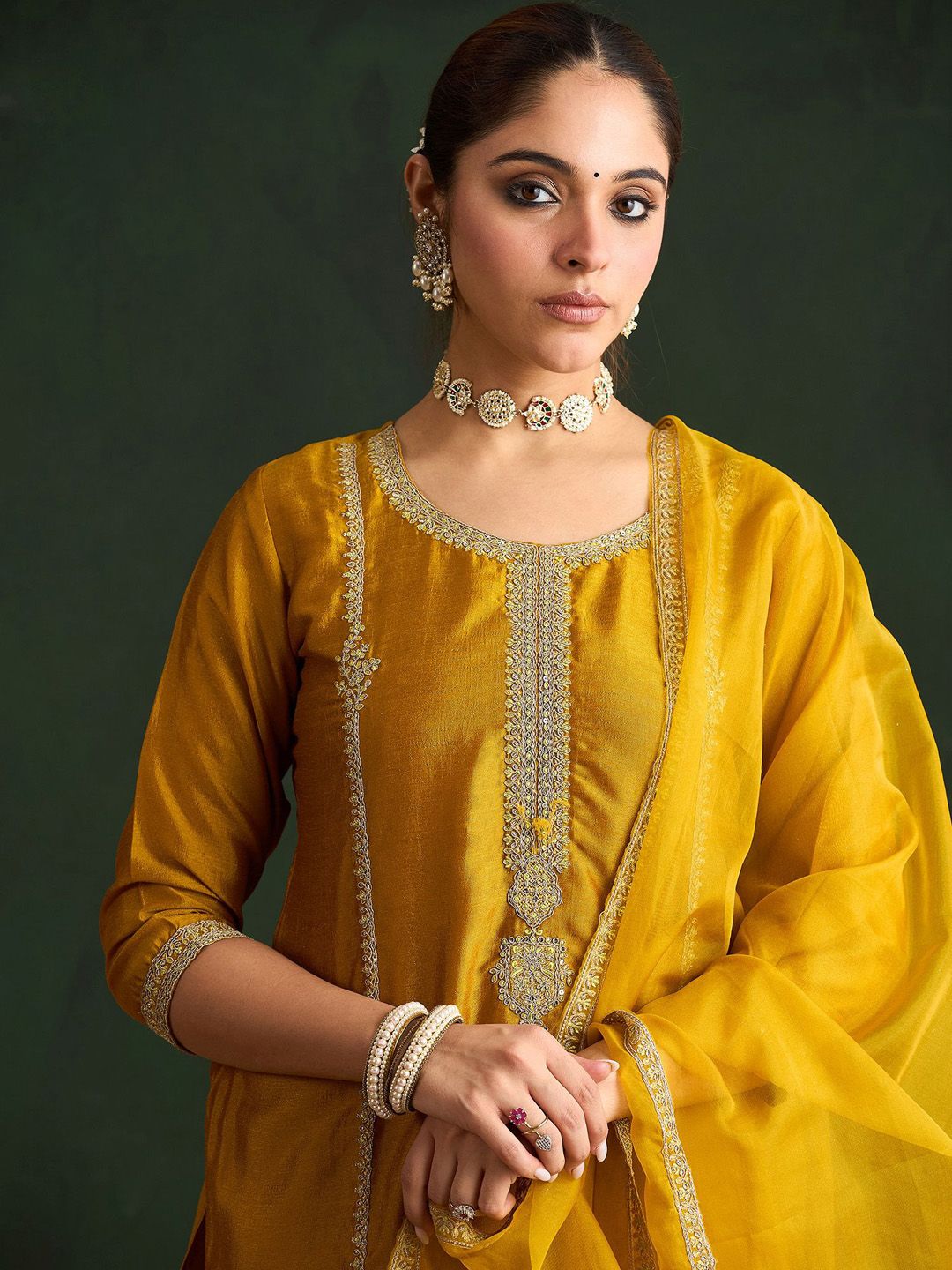 Dhiyona IE Women Embroidered Regular Sequinned Kurta with Trousers & With Dupatta