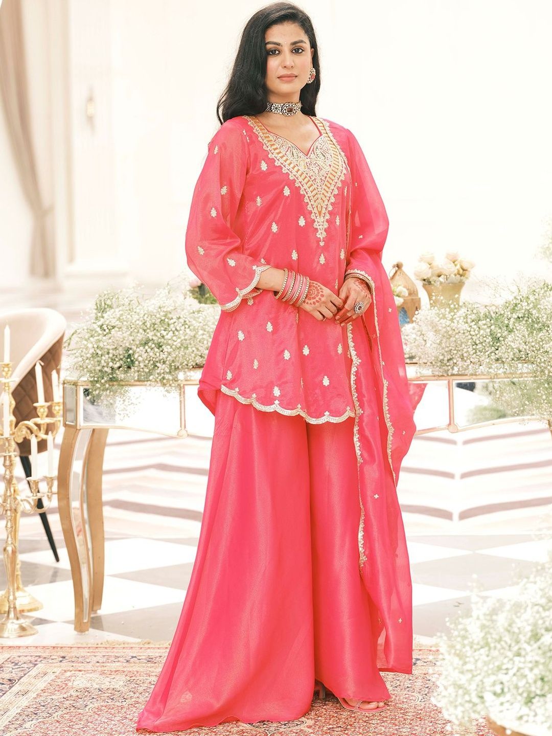 Ethnic Motifs Embroidered V-Neck Thread Work Kurta With Palazzos & Dupatta