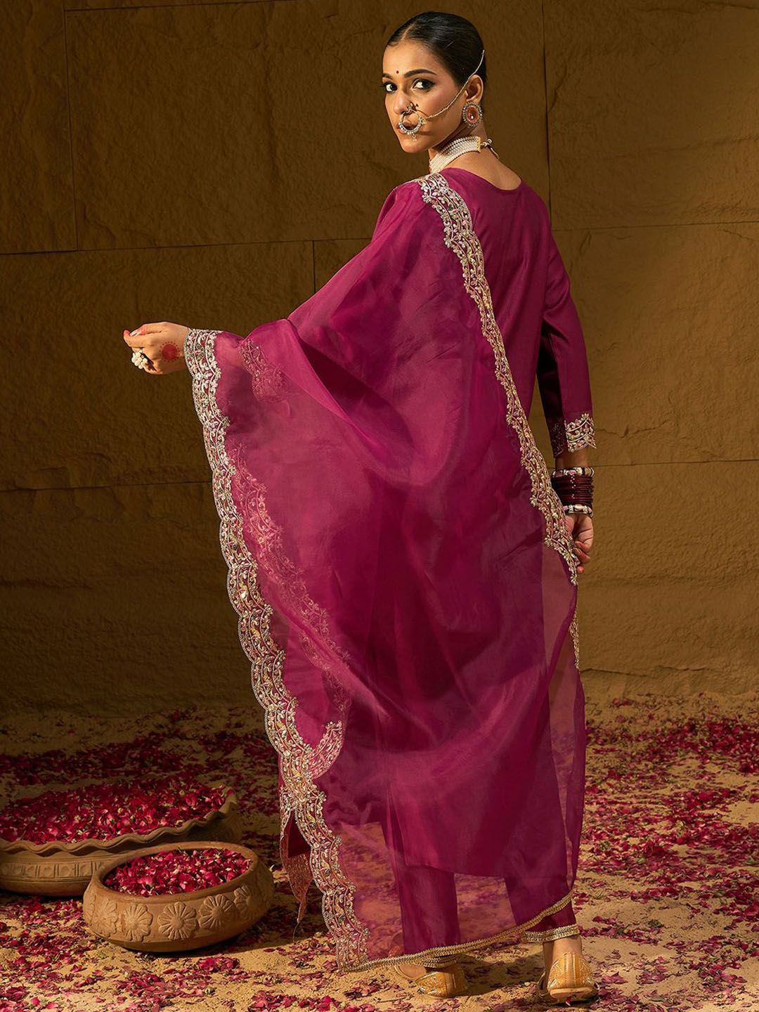 Dhiyona IE Floral Embroidered Straight Sequinned Liva Kurta with Trousers & Dupatta