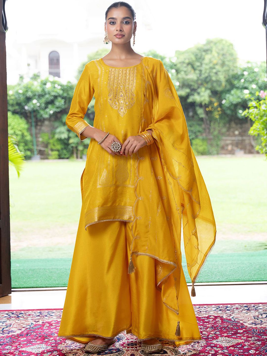 Dhiyona CH Women Ethnic Motifs Embroidered Regular Thread Work Kurta with Palazzos & Dupatta