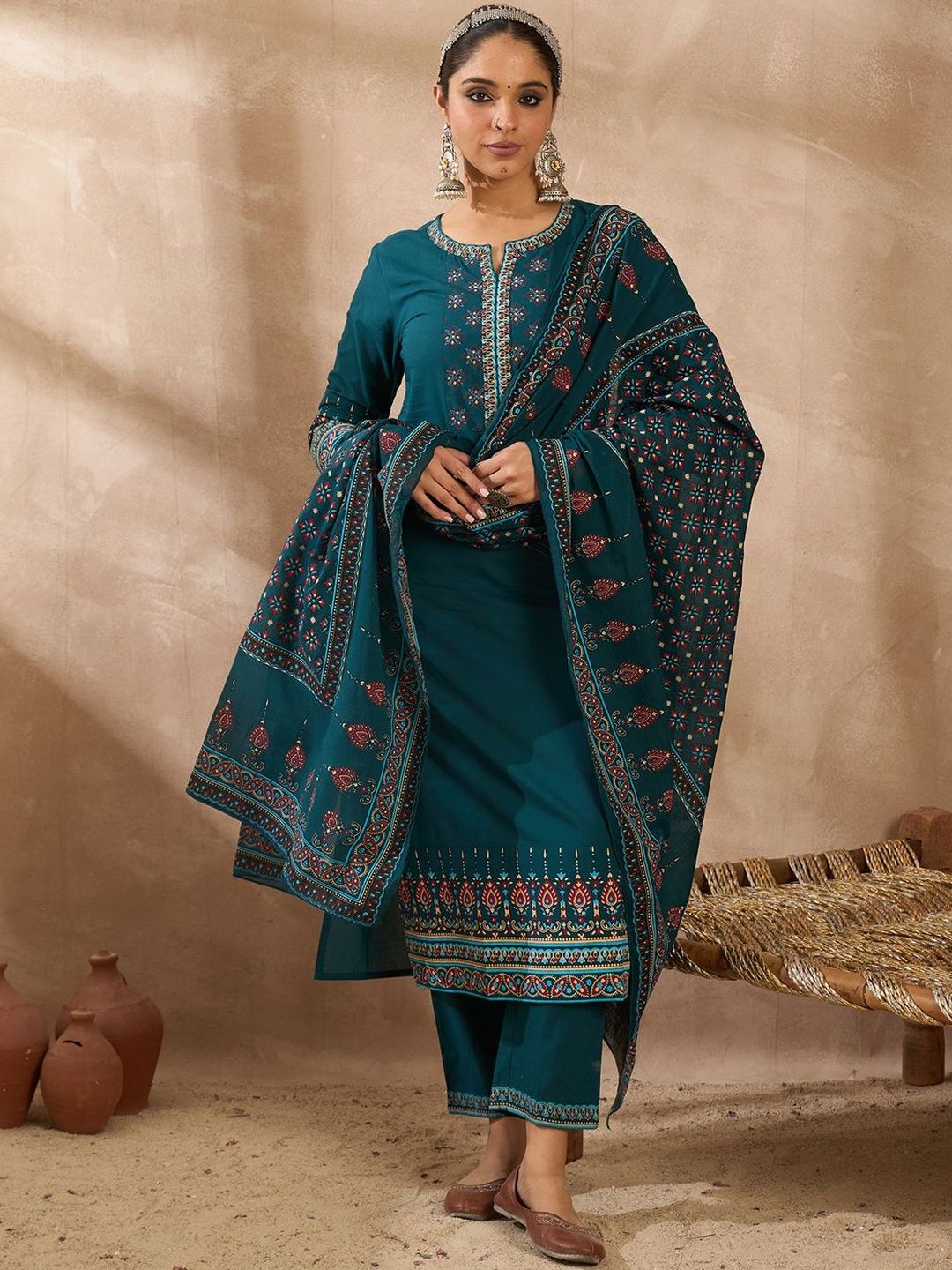 Dhiyona IE Women Ethnic Motifs Printed Regular Pure Cotton Kurta with Trousers & Dupatta