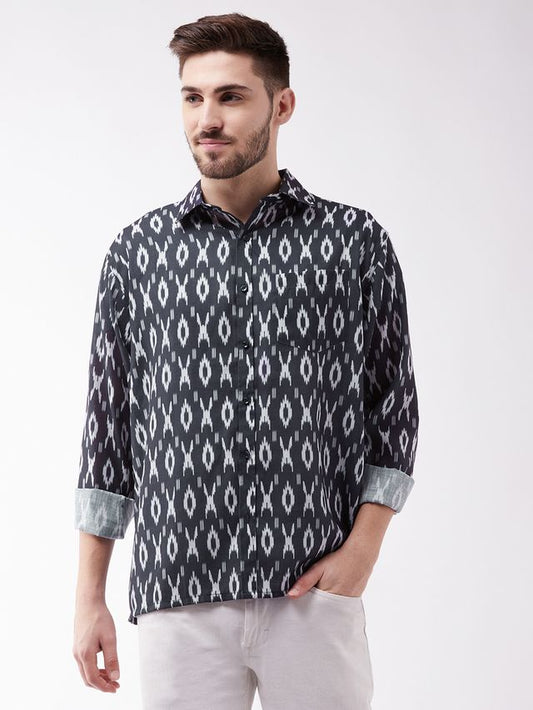 Men's Black Cotton Blend Straight Ethnic Shirt