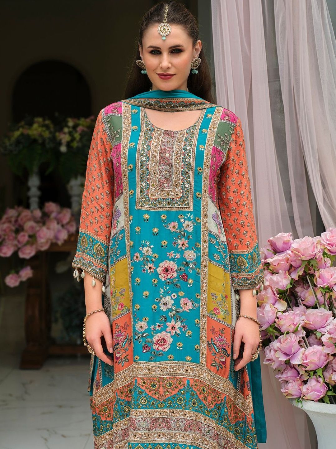 Women Floral Print Mirror Work Pure Silk Kurta with Palazzos & Dupatta