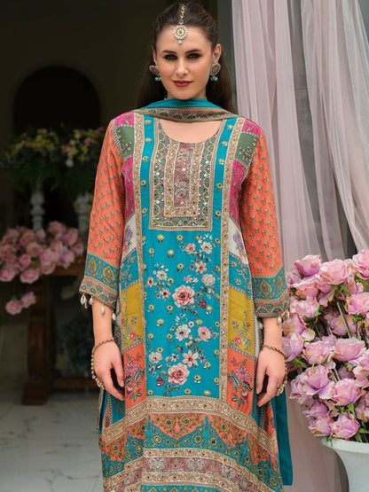 Women Floral Print Mirror Work Pure Silk Kurta with Palazzos & Dupatta