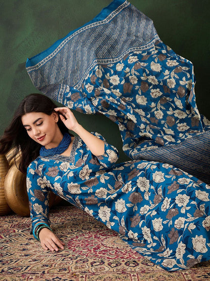 Dhiyona SN Women's Floral Printed Sequinned V-Neck Pure Cotton Straight Kurta & Trouser With Dupatta