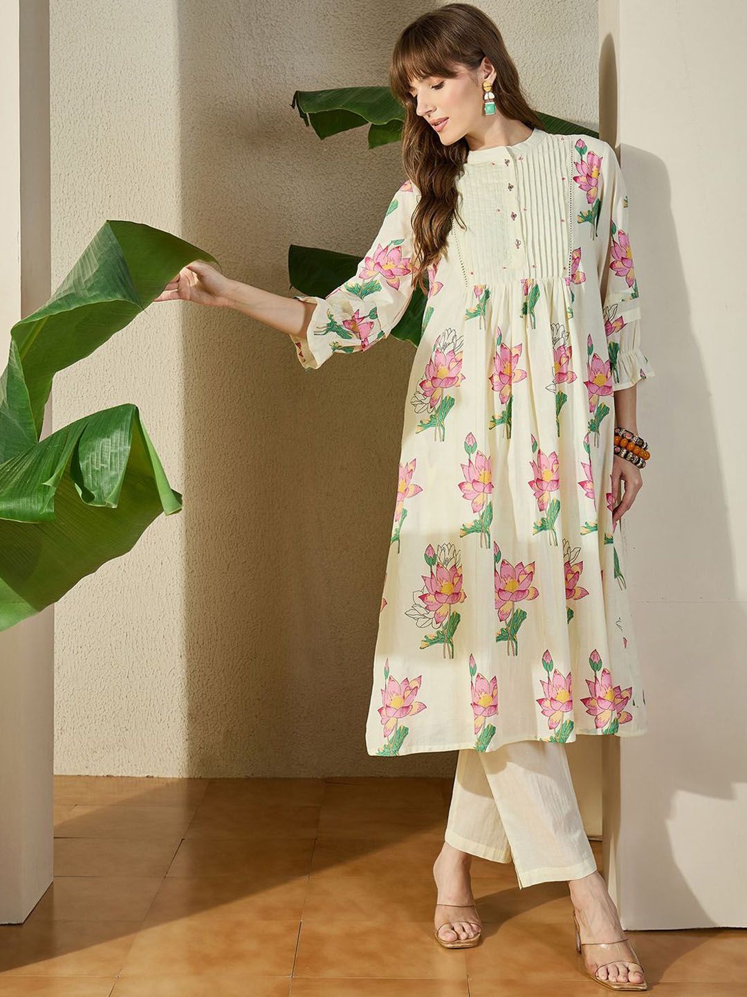 Dhiyona IE Printed Mandarin Collar Pure Cotton Tunic With Trouser